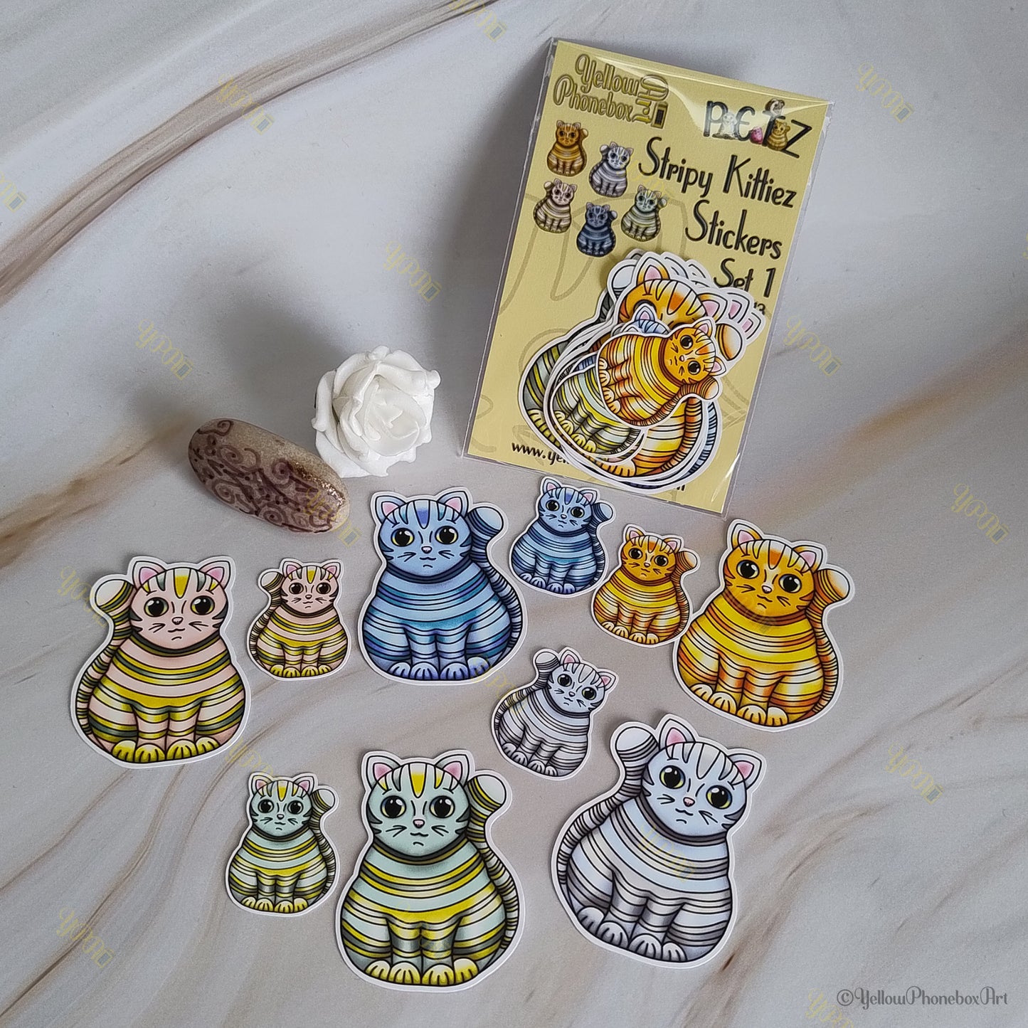 Stripy Kittiez Stickers Set 1 10 cute cat stickers – 5 large (5x5cm approx) and 5 small (3x3cm approx)