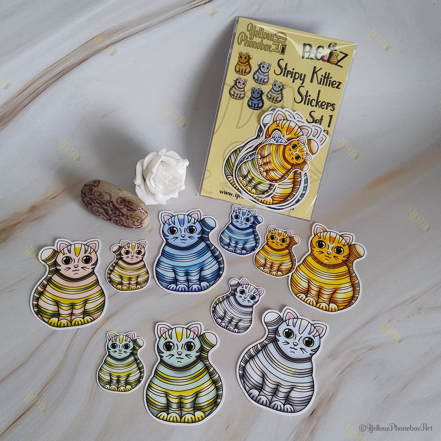 Stripy Kittiez Stickers Set 1 10 cute cat stickers – 5 large (5x5cm approx) and 5 small (3x3cm approx)