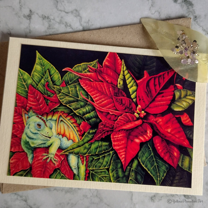 ‘Poinsettia Dragon’ - Handmade Greetings Card With Envelope