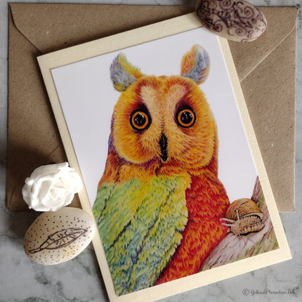 ‘Rainbow Owl And The Unicorn Snail’ - Handmade Greetings Card With Envelope